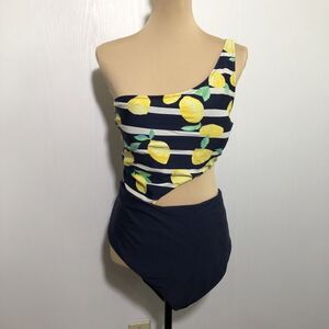 Aerie Swimsuit Womens XXL Blue Yellow Striped Lemons Cut Out One Shoulder